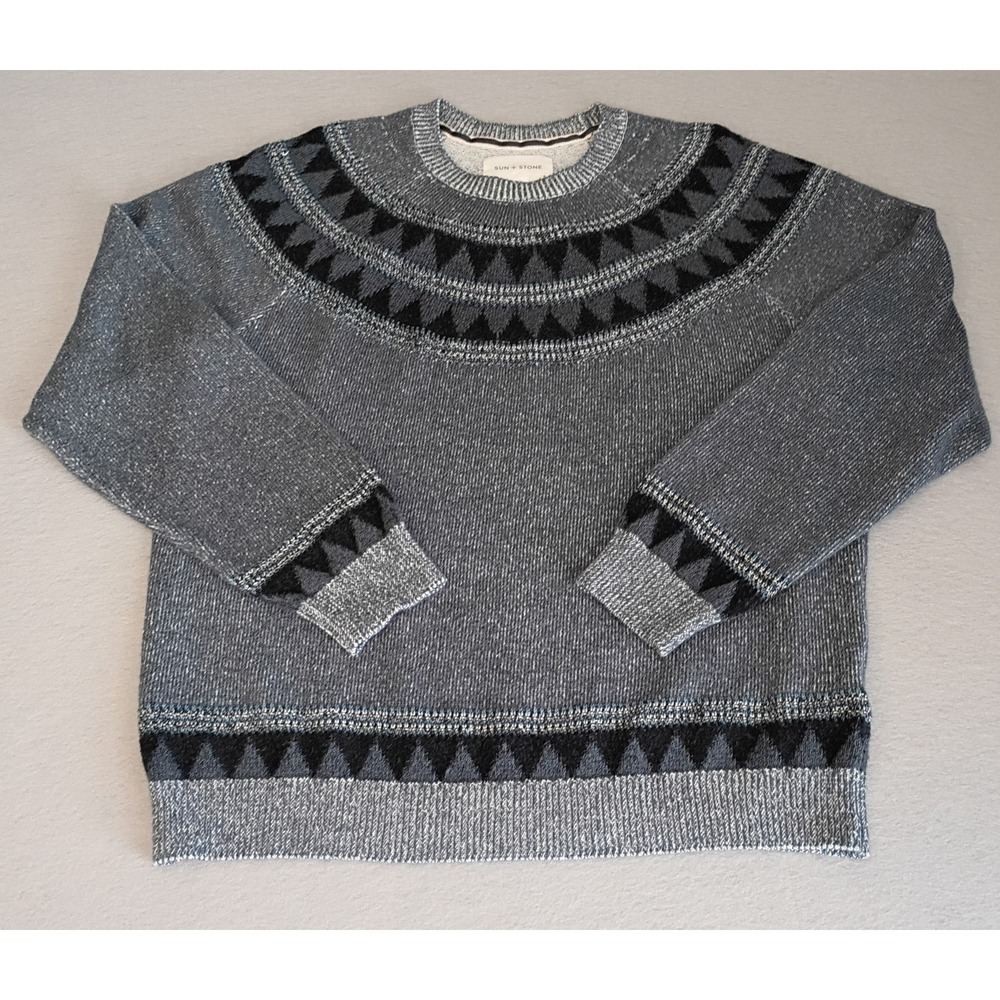 Sun‎ & Stone Pullover Sweater Blue Geometric Large Preppy Grandpa Academic